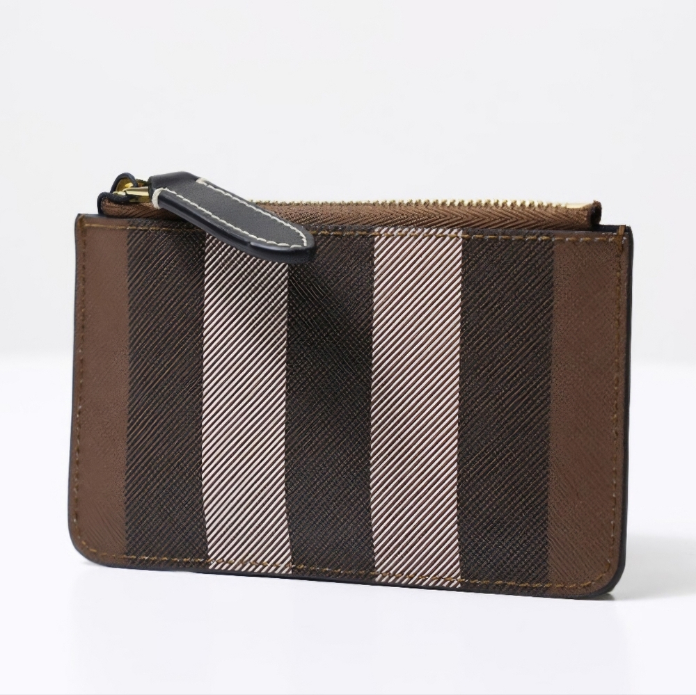 Burberry Check Strap Card Case Coin Change Purse With Key chain Brown & Tan